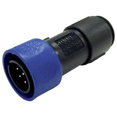 Un connecteur cylindrique noir et bleu avec trois broches métalliques, étiqueté « série 4000 ».