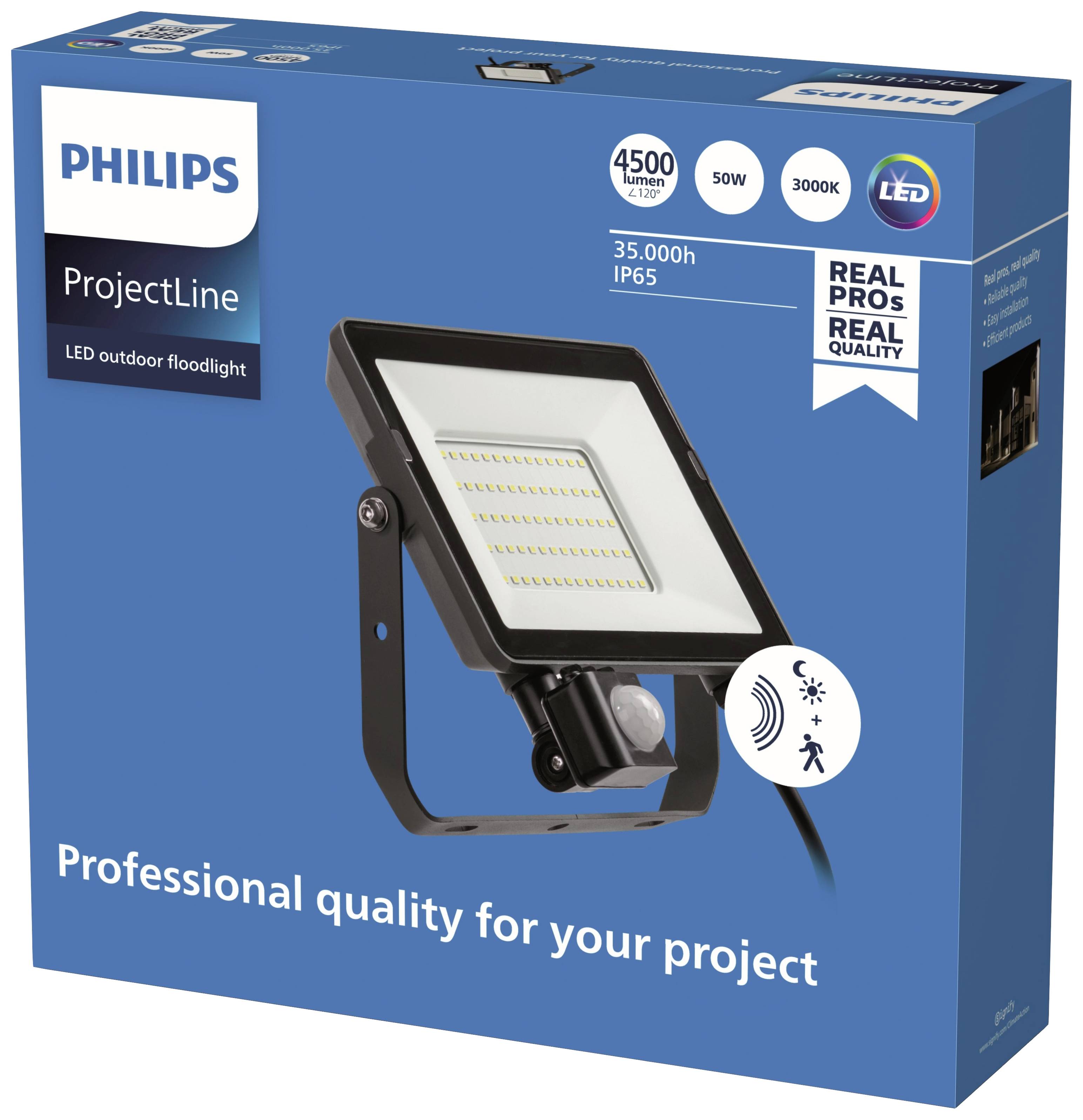 Un projecteur LED Philips, affichant 4500 lumens, 50W, 3000K, durée de vie de 35 000 h, protection IP65, 'Qualité professionnelle pour votre projet'.