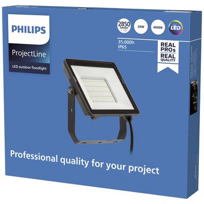 L'emballage présente un projecteur LED Philips de la série ProjectLine avec 2850 lumens, 30 watts, 4000K, IP65, durée de vie de 35 000 heures.