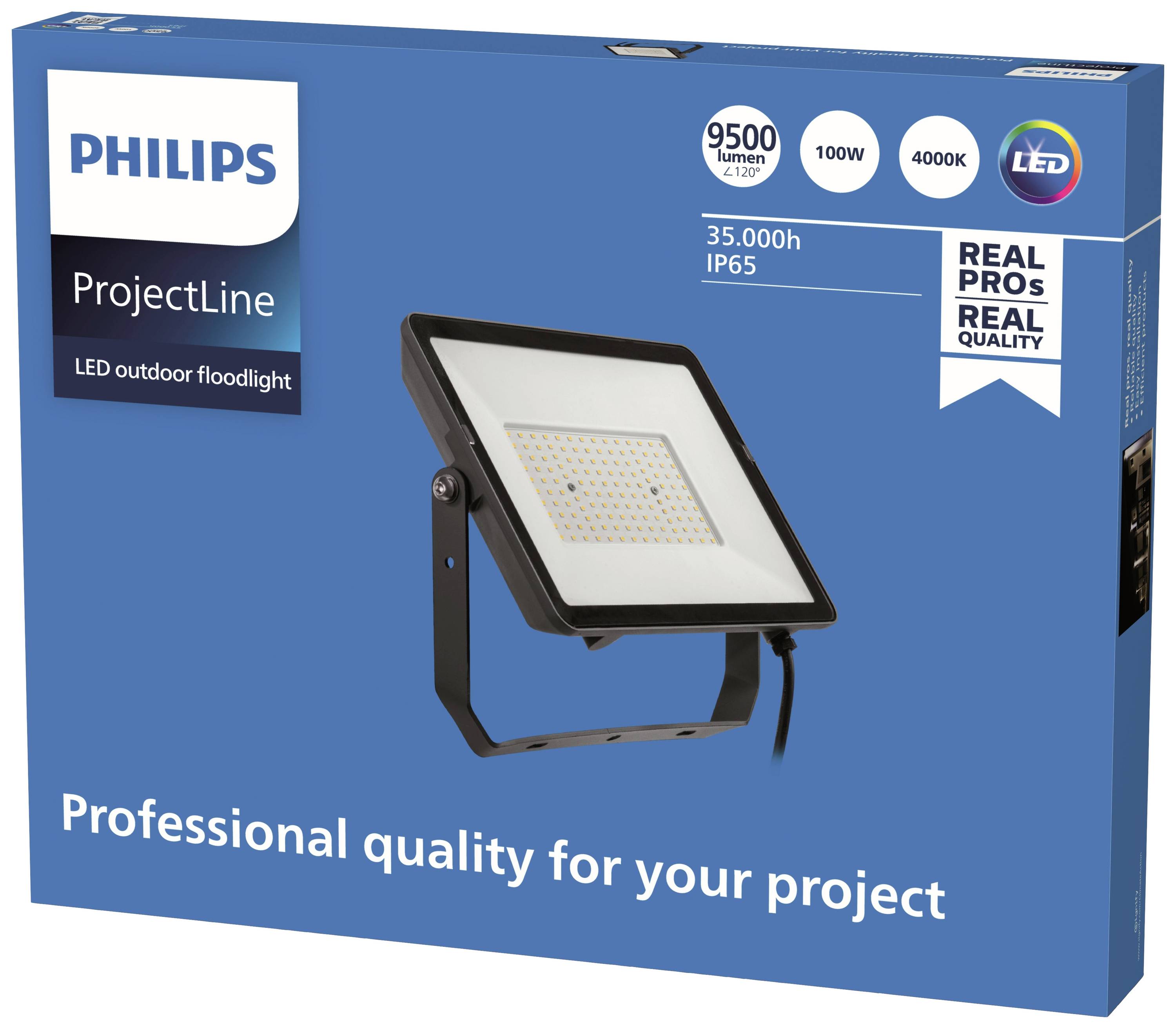 Emballage d'un luminaire extérieur LED Philips de 9500 lumens, 100W, 4000K. Caractéristiques : durée de vie de 35 000 heures, protection IP65.
