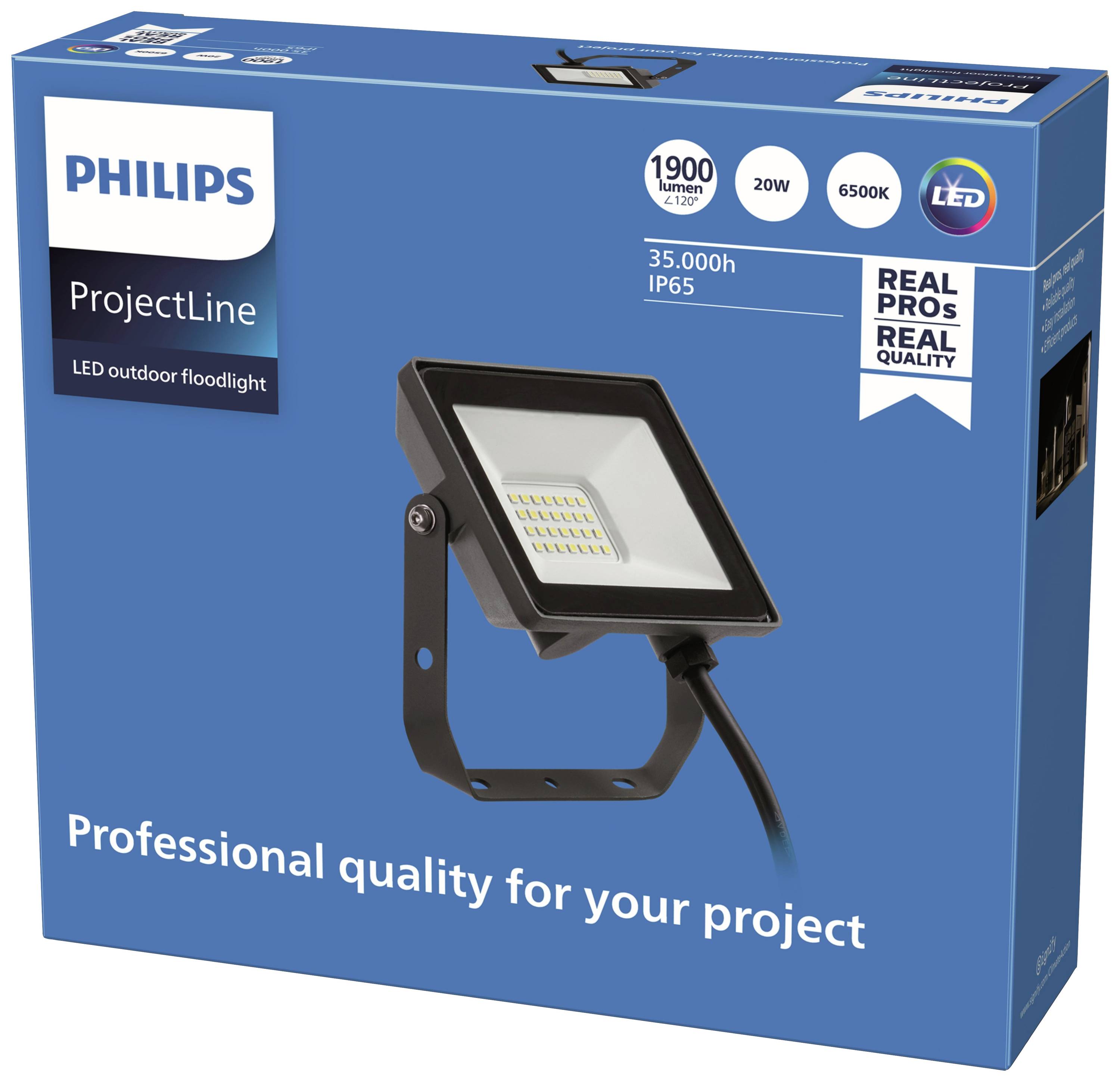 Emballage 'Philips ProjectLine' pour projecteur LED extérieur, 1900 lumens, 20W, 6500K, IP65, 35 000 heures. Slogan : « Qualité professionnelle pour votre projet ».