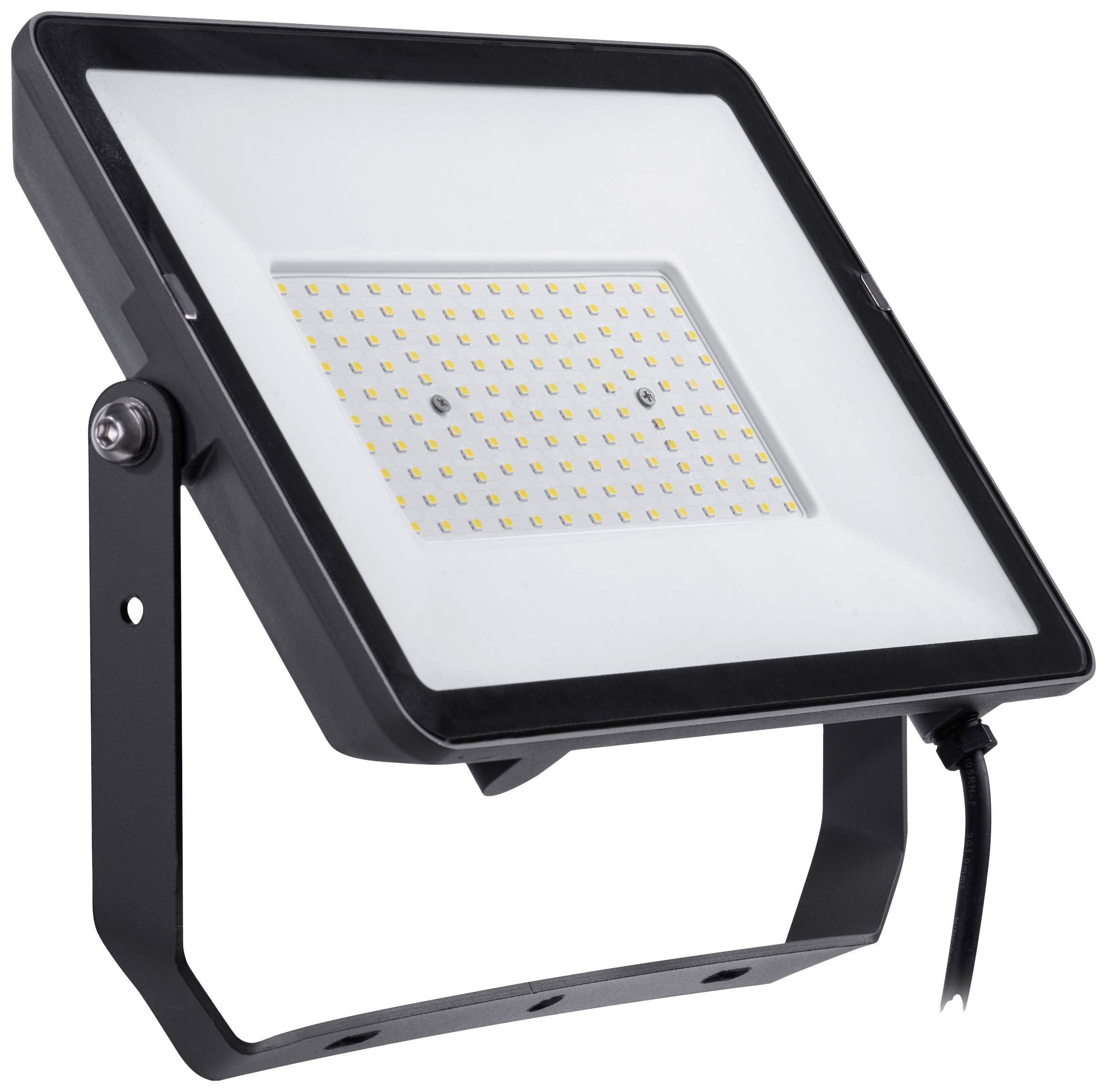 Un projecteur LED rectangulaire avec un cadre noir et de nombreuses petites lumières LED jaunes disposées uniformément sur un fond blanc.