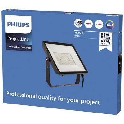 Projecteur LED Philips 'ProjectLine' avec 9500 lumens, 100W, 6500K, IP65. Texte sur l'emballage : 'Qualité professionnelle pour votre projet'.
