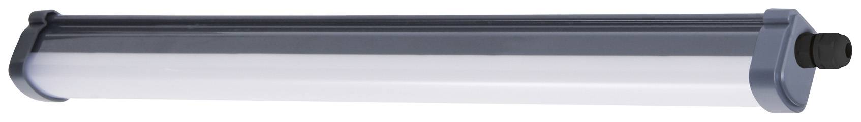 Un luminaire LED long et cylindrique avec des embouts gris. Idéal pour un éclairage industriel ou commercial.