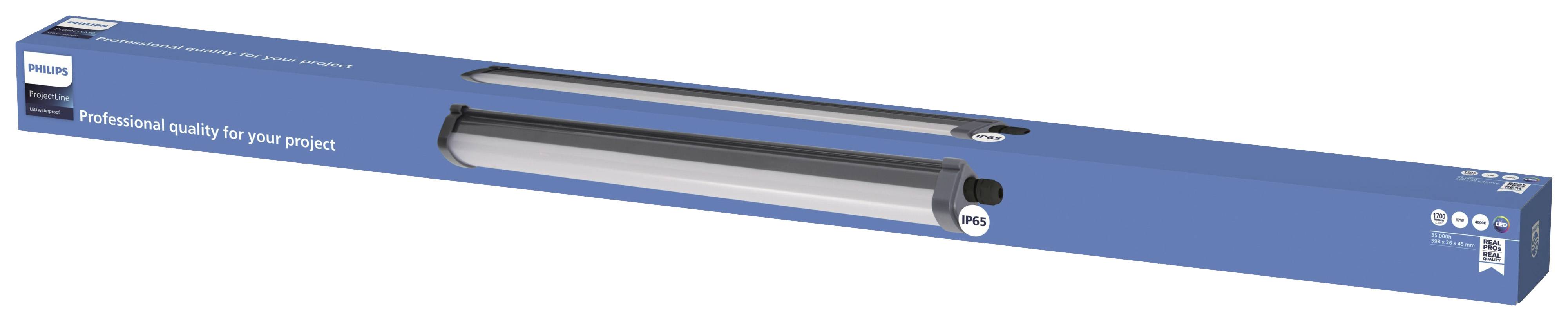 Emballage d'un tube LED Philips en bleu portant l'inscription « Qualité professionnelle pour votre projet » et des symboles d'efficacité énergétique.