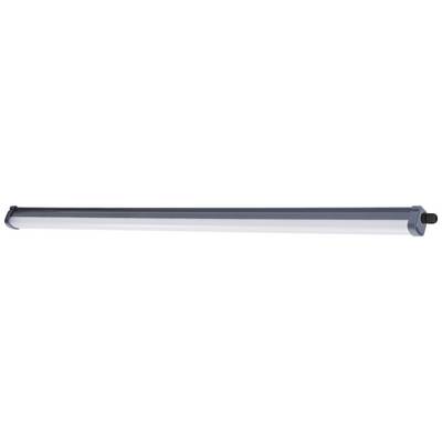 Un luminaire LED allongé avec un boîtier noir, adapté pour une utilisation dans des environnements industriels ou commerciaux.