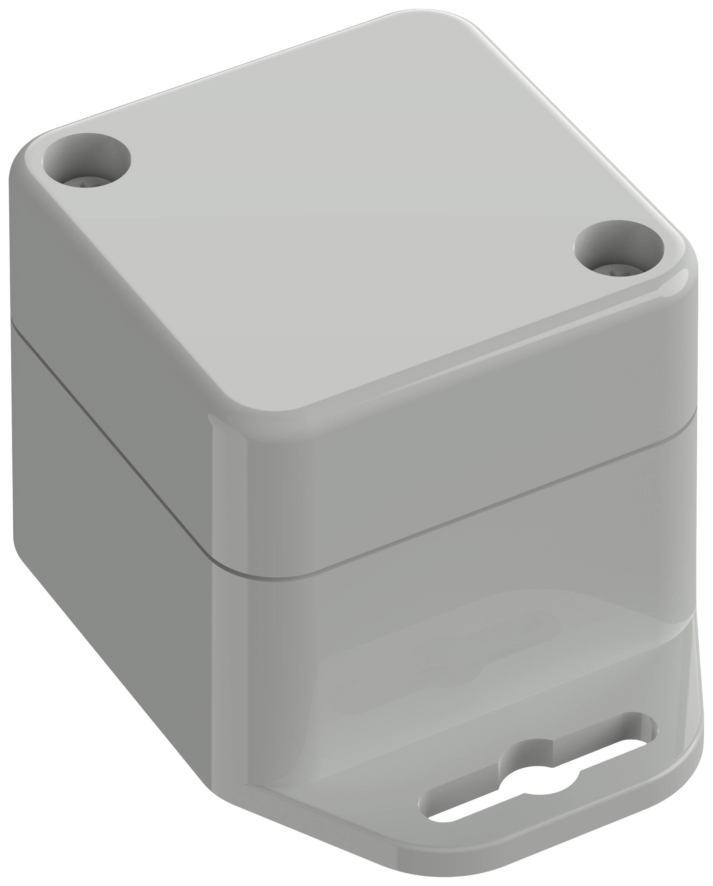 Un petit boîtier en plastique gris, carré, avec deux trous de fixation pour vis, adapté aux composants électroniques.