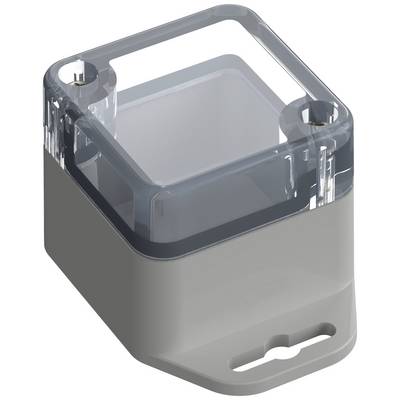 Un récipient en plastique transparent, rectangulaire, doté de deux trous de fixation sur les côtés et d'un couvercle amovible sur le dessus.