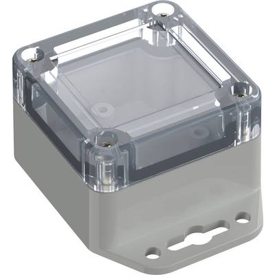 Un boîtier électronique transparent avec une base grise, idéal pour protéger les appareils, avec des fermetures à vis à chaque coin.