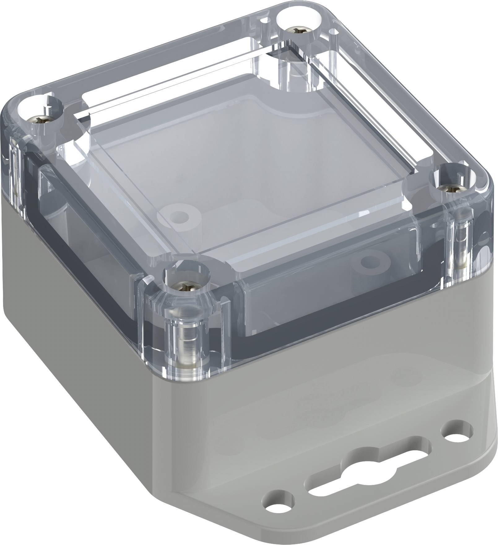 Boîtier gris, rectangulaire avec un couvercle transparent et amovible, muni de quatre vis aux angles. Boîtier électronique.
