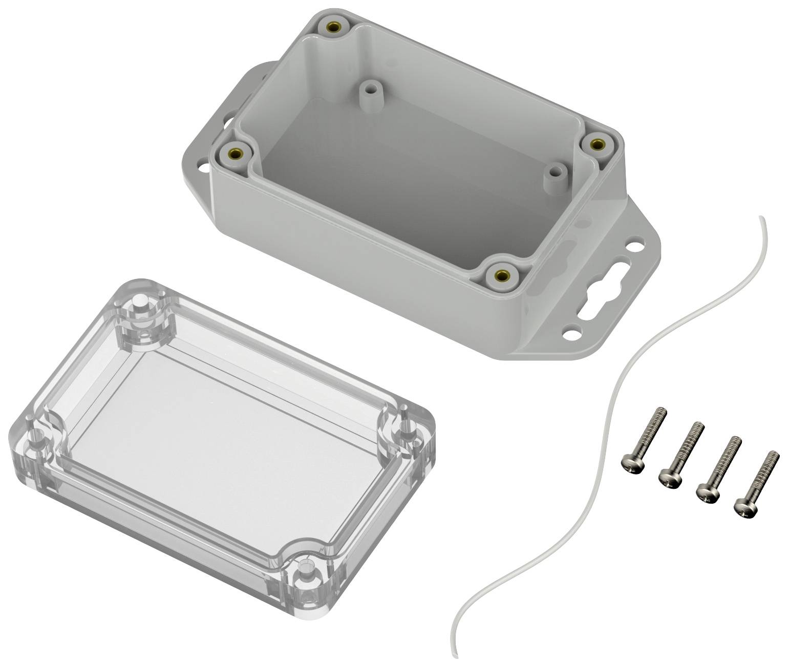 Boîtier rectangulaire gris en plastique avec un couvercle transparent amovible, quatre vis et un fin joint d'étanchéité blanc.