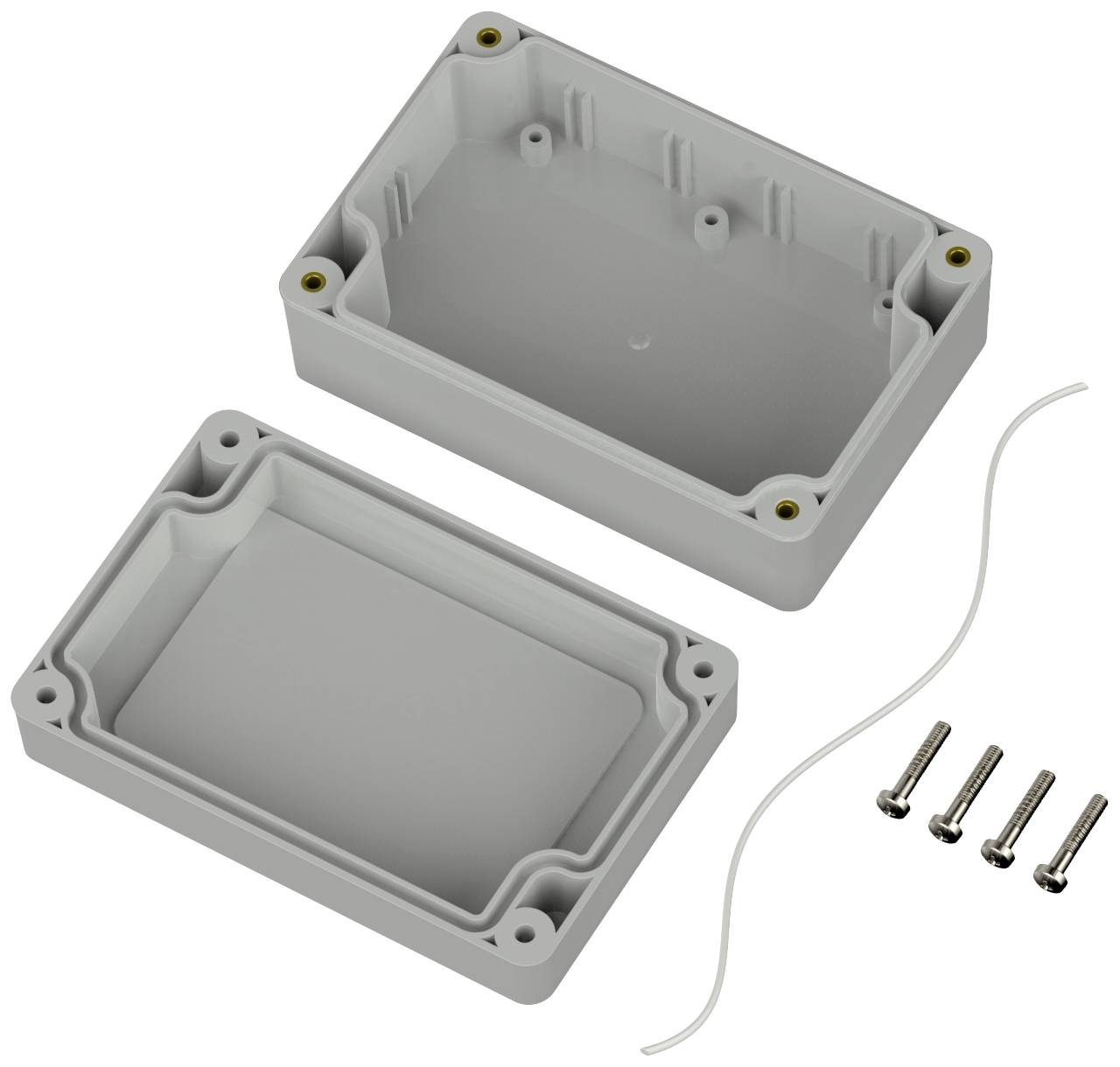 Boîtier en deux parties, ouvert, avec vis et joint d'étanchéité. Adapté pour contenir des composants électroniques.