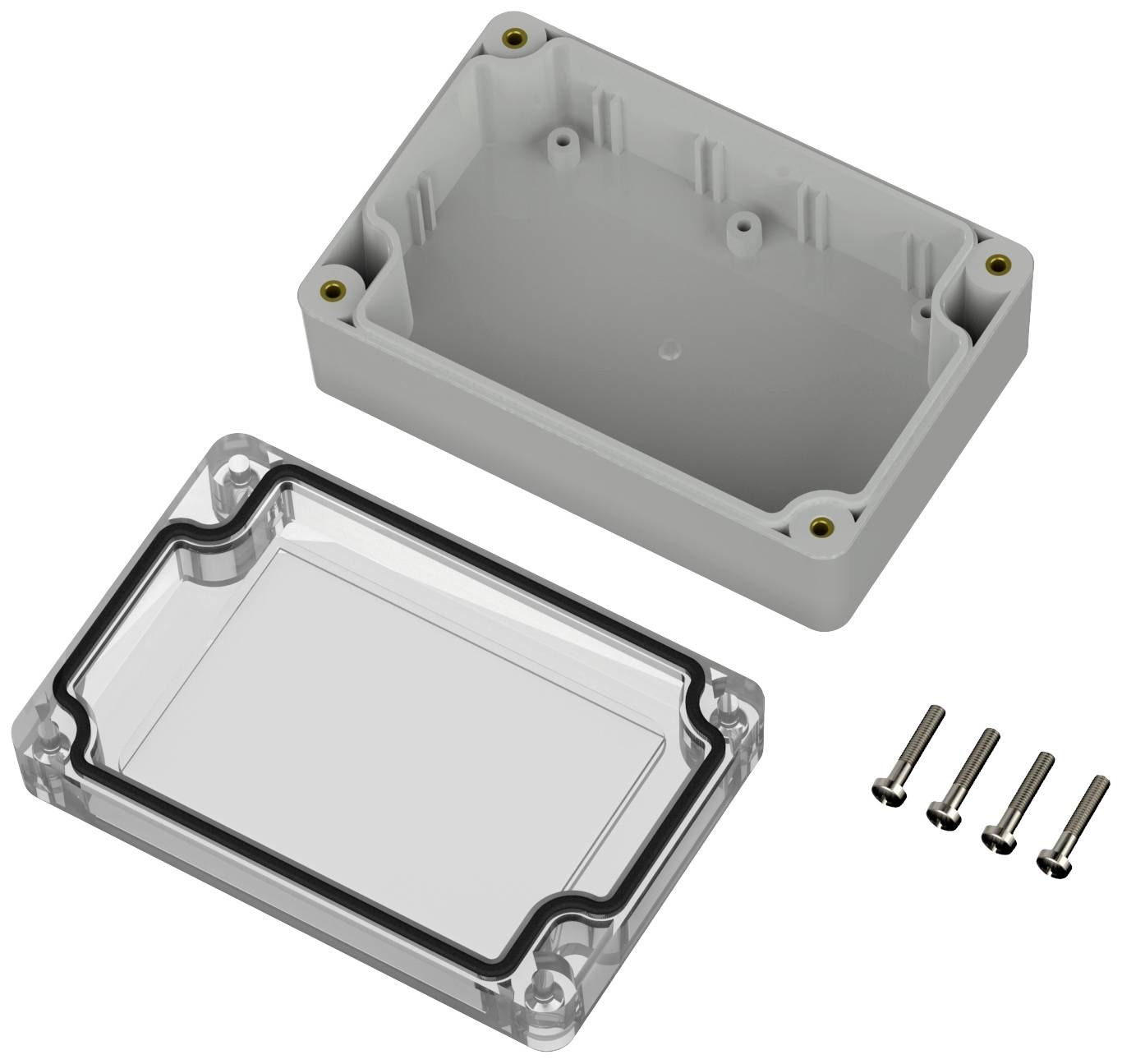Boîtier rectangulaire gris avec couvercle transparent et quatre vis, adapté pour les projets électroniques.