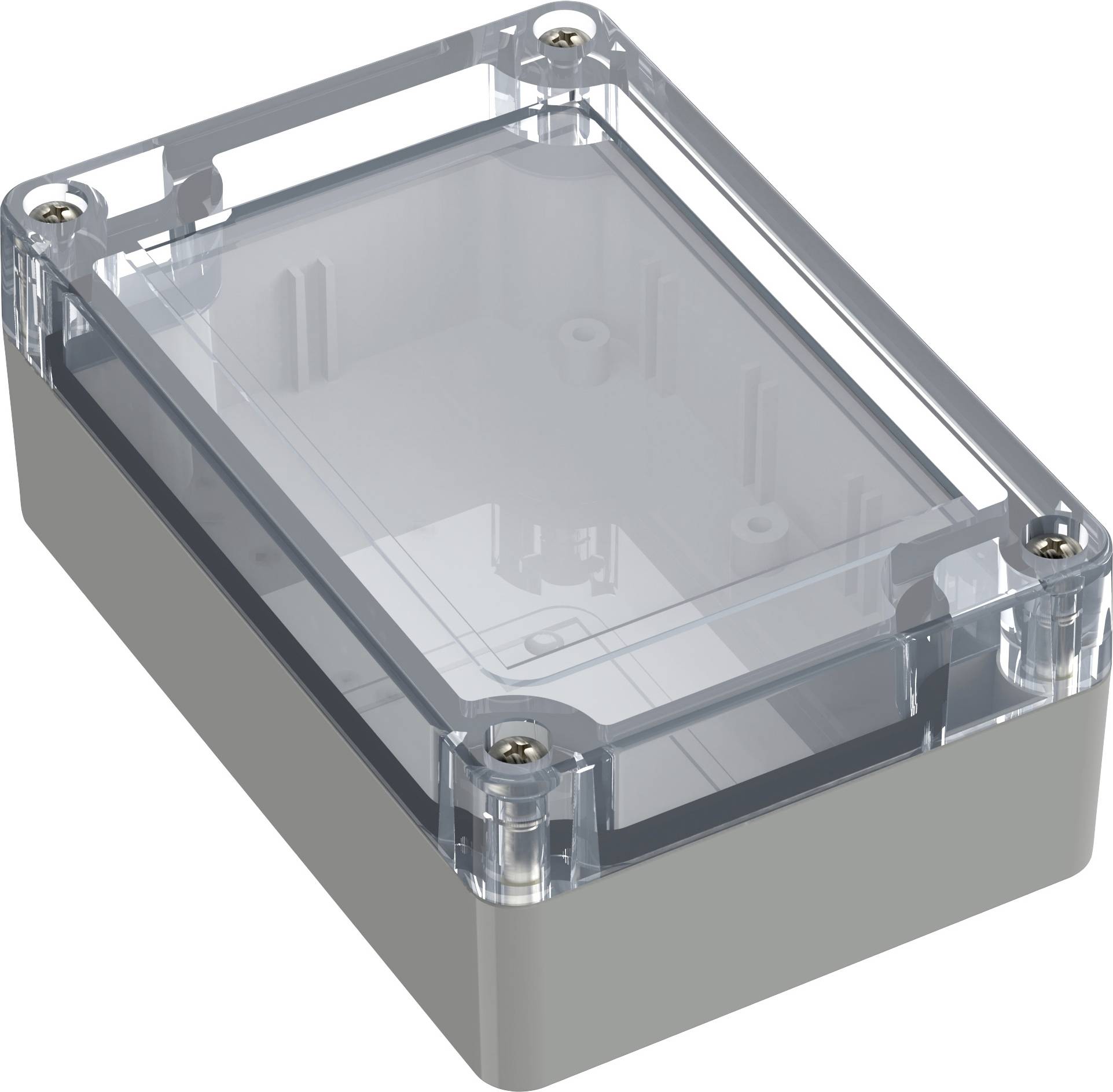 Boîtier électronique rectangulaire gris avec couvercle transparent et vis métalliques aux angles, adapté pour circuits imprimés.