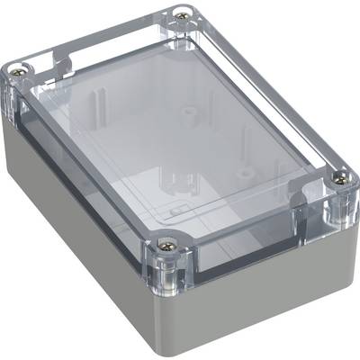 Boîtier électronique rectangulaire gris avec couvercle transparent et vis métalliques aux angles, adapté pour circuits imprimés.