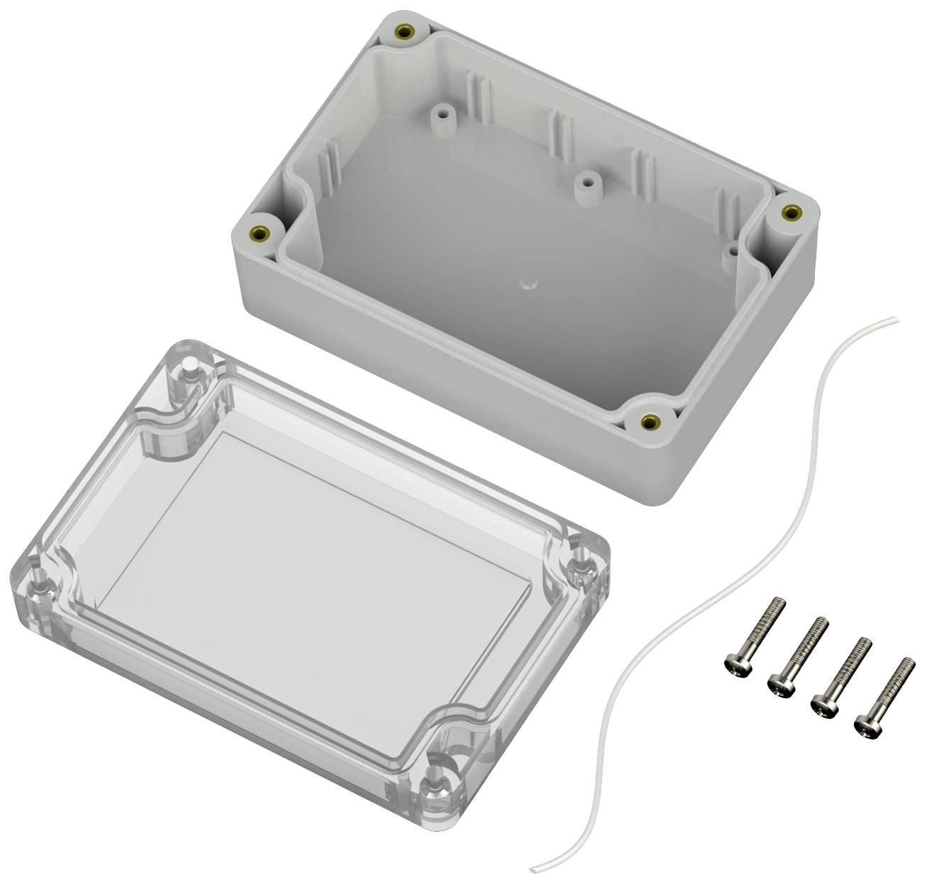 Une boîte en plastique grise avec un couvercle transparent amovible, quatre vis et un joint d'étanchéité blanc, destinée au rangement de composants électroniques.