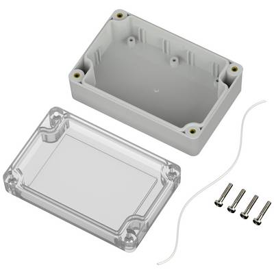 Une boîte en plastique grise avec un couvercle transparent amovible, quatre vis et un joint d'étanchéité blanc, destinée au rangement de composants électroniques.