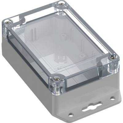 Un boîtier rectangulaire en plastique transparent avec un fond gris, adapté pour protéger les composants électroniques contre les influences extérieures.