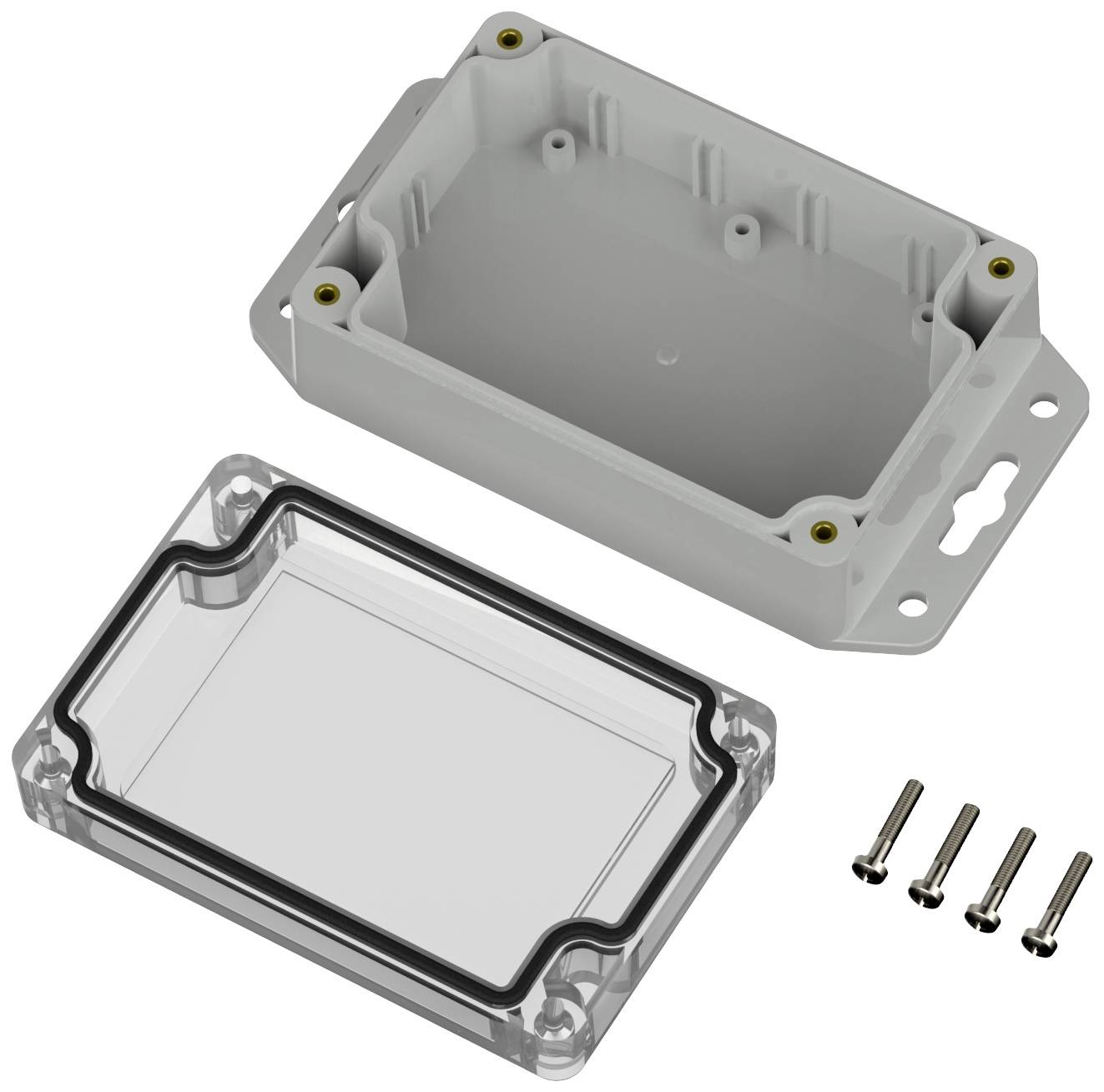 Boîtier rectangulaire gris avec un couvercle transparent ouvert et quatre vis à côté à gauche.