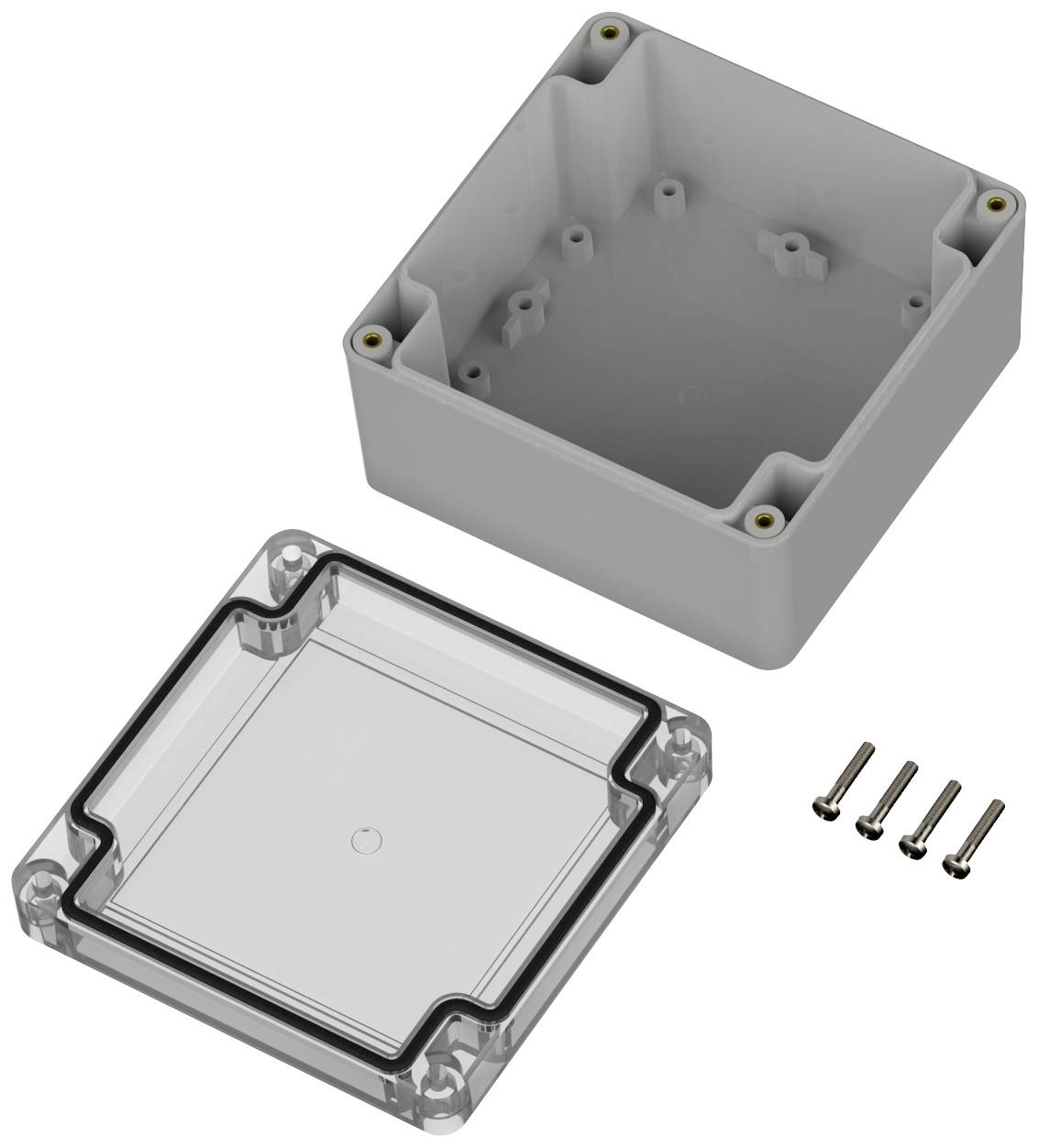 Boîtier avec un couvercle amovible transparent et quatre vis métalliques, adapté aux composants électroniques ou aux projets.