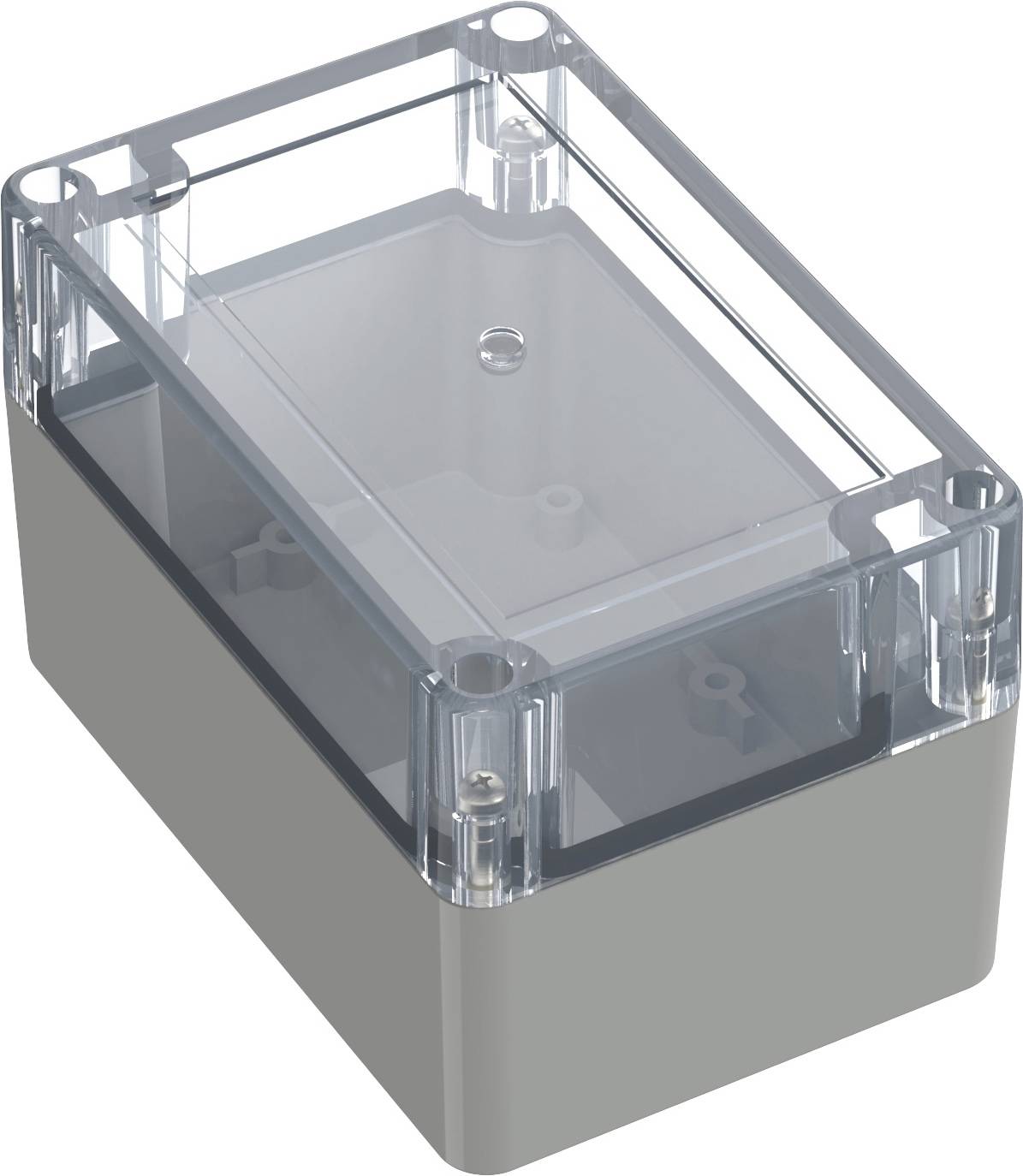 Boîtier avec couvercle transparent, adapté pour les projets électroniques ; présente des trous de vis pour la fixation et des charnières aux angles.