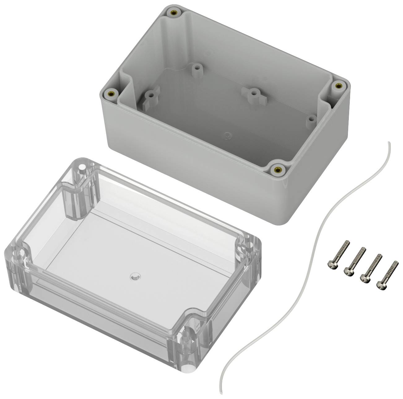 Un conteneur transparent en plastique avec un couvercle amovible, quatre vis et un câble blanc. Idéal pour le stockage de composants électroniques.