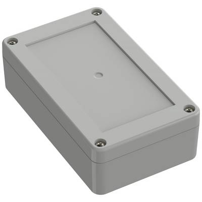 Boîtier rectangulaire gris en plastique avec des vis aux angles. Adapté pour l'intégration de composants électroniques.