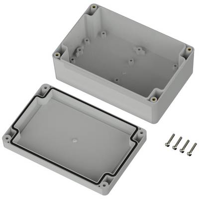 Boîtier électronique rectangulaire gris en plastique avec couvercle retiré et quatre vis correspondantes.