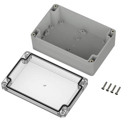 Boîtier rectangulaire gris avec couvercle transparent amovible et quatre vis de montage, adapté aux projets électroniques.