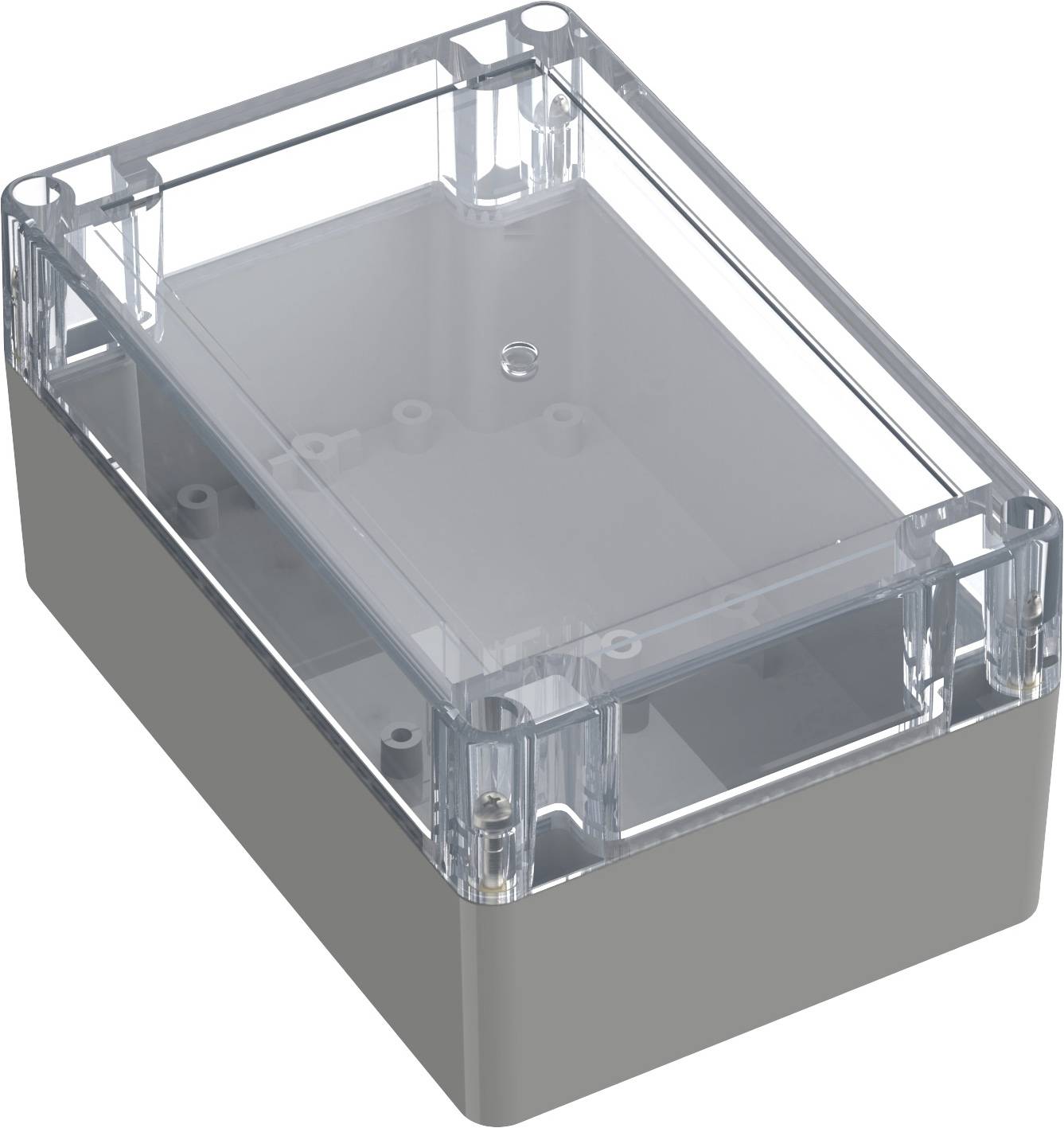 Boîtier en plastique gris, rectangulaire, avec un couvercle transparent. Convient pour loger des appareils électroniques ou des circuits.