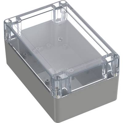 Boîtier en plastique gris, rectangulaire, avec un couvercle transparent. Convient pour loger des appareils électroniques ou des circuits.