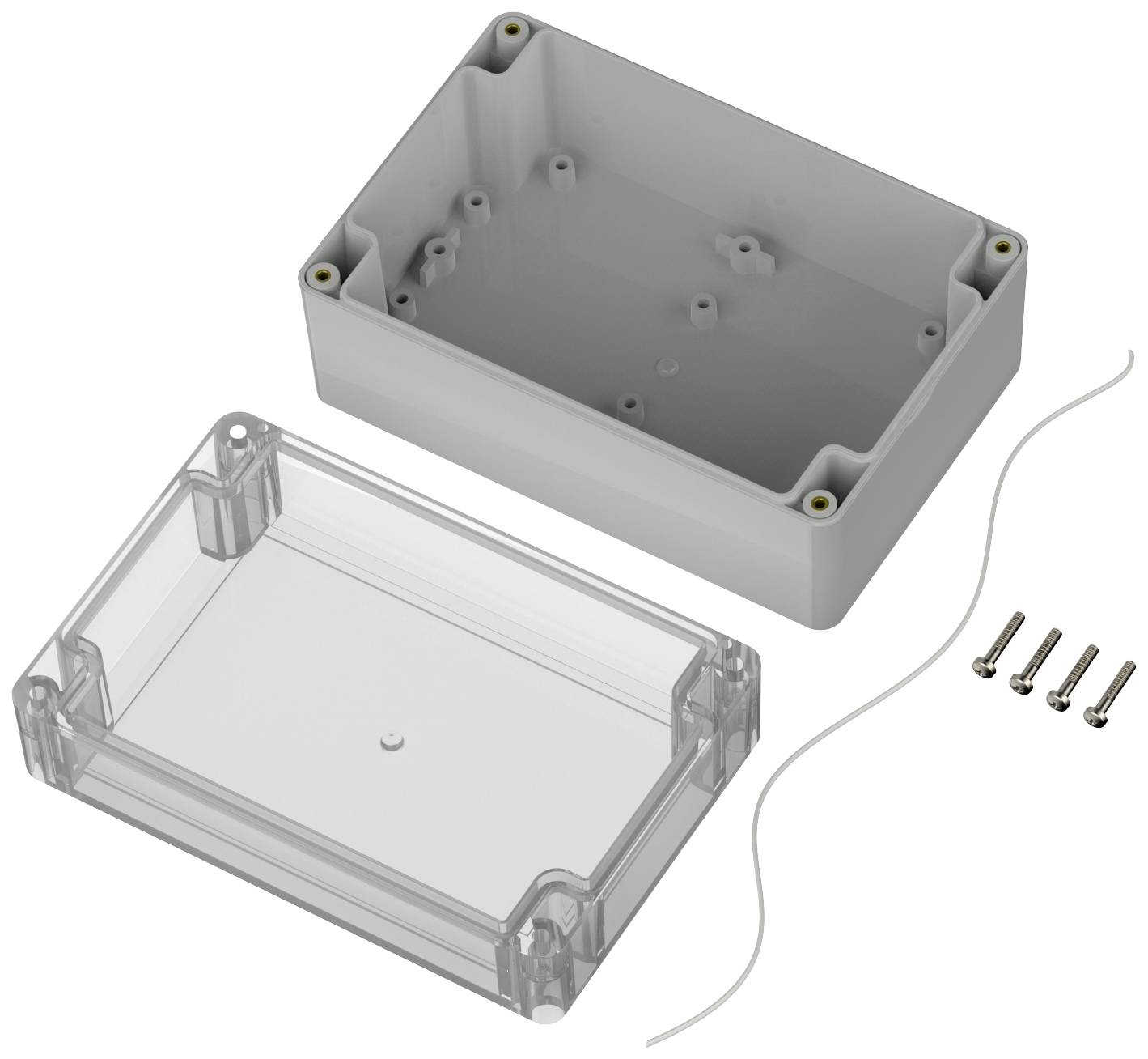 Un boîtier électronique rectangulaire gris avec un couvercle transparent. Il contient quatre vis et un joint d'étanchéité.