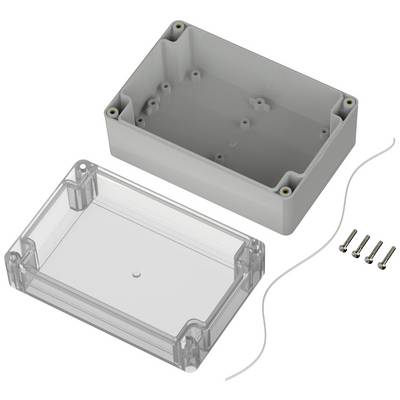 Un boîtier électronique rectangulaire gris avec un couvercle transparent. Il contient quatre vis et un joint d'étanchéité.