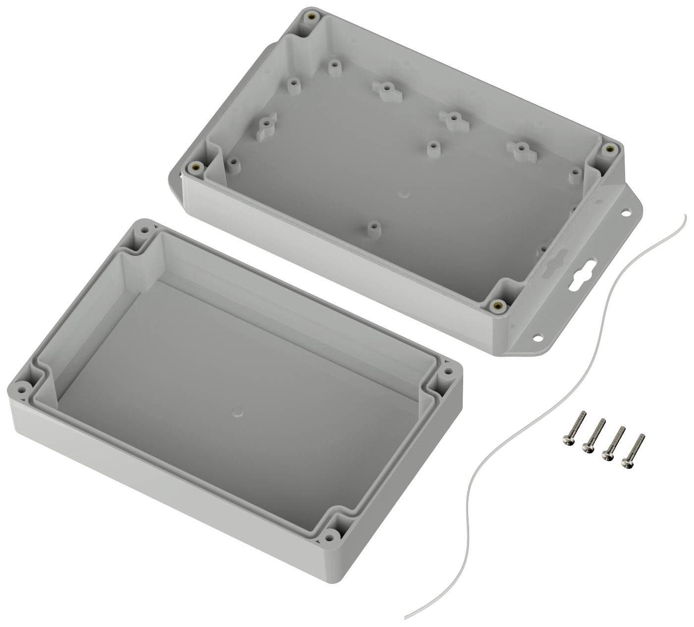 Boîtier en plastique gris, ouvert et séparé en deux parties, flanqué de quatre vis et d'un fil blanc (en pièces détachées).