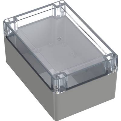 Boîte en plastique transparent avec quatre trous de vis aux angles, adaptée pour les projets électroniques, grise et rectangulaire.