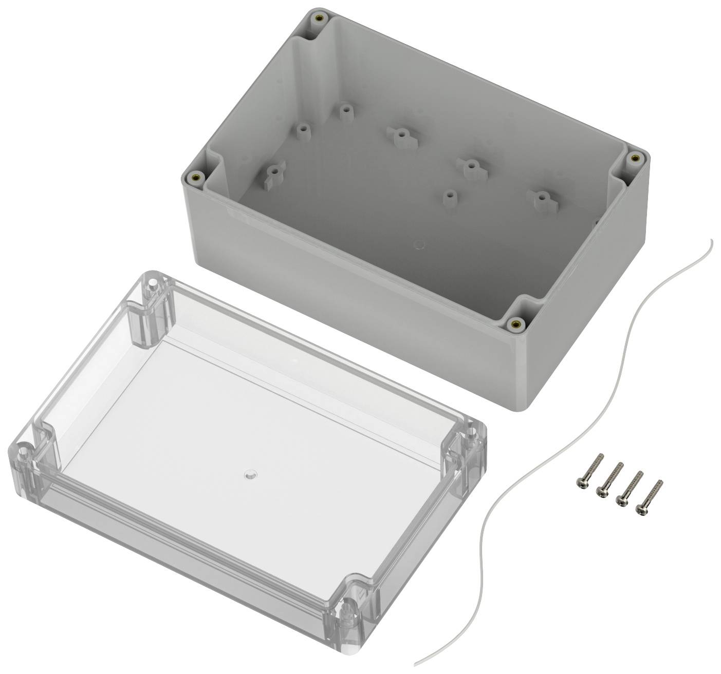 Ensemble de boîtier avec boîte grise, couvercle transparent amovible, quatre vis et joint d'étanchéité, pour applications électroniques.