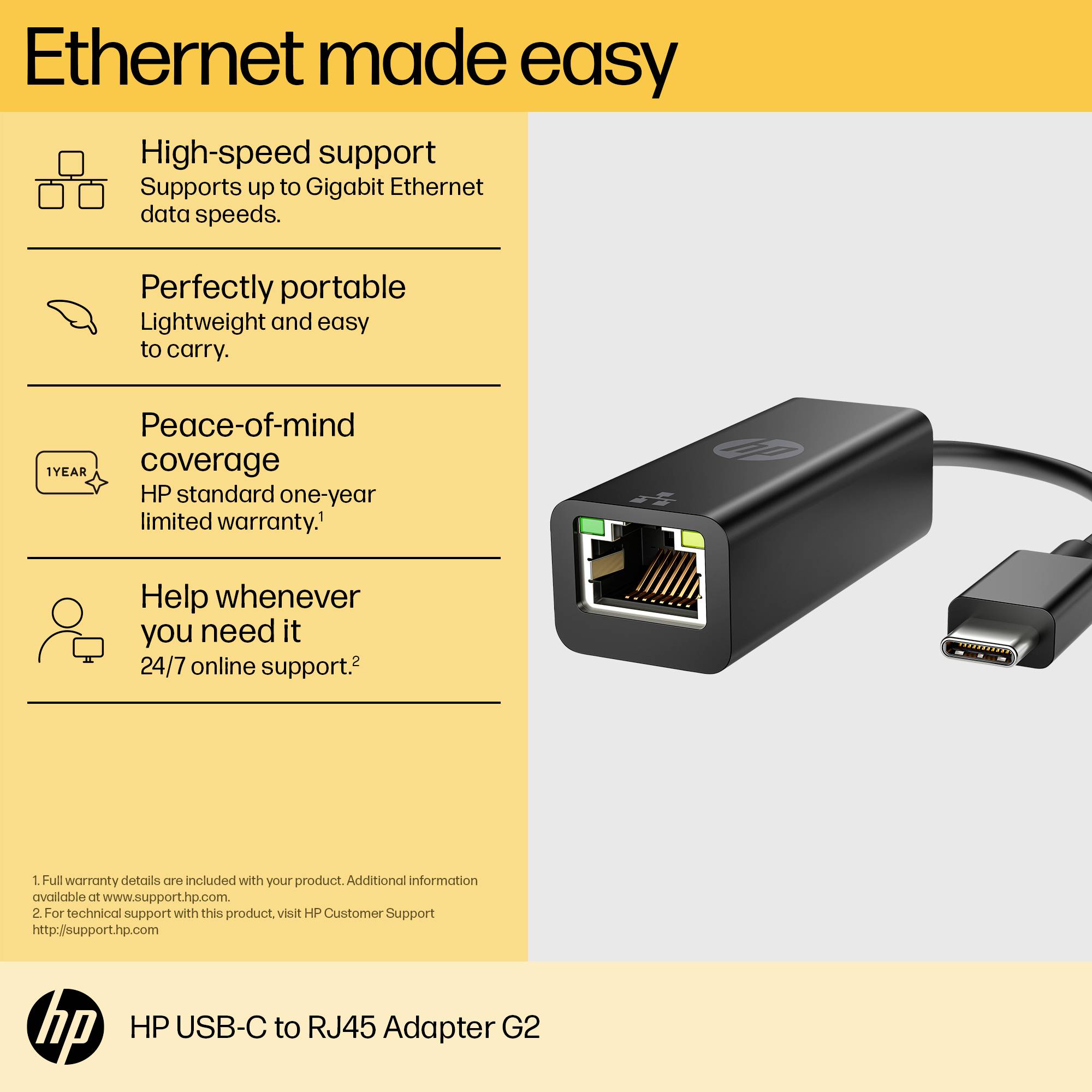 Adaptateur Ethernet avec port USB-C pour connexions Gigabit, portable, garantie d'un an, avec support en ligne 24/7.