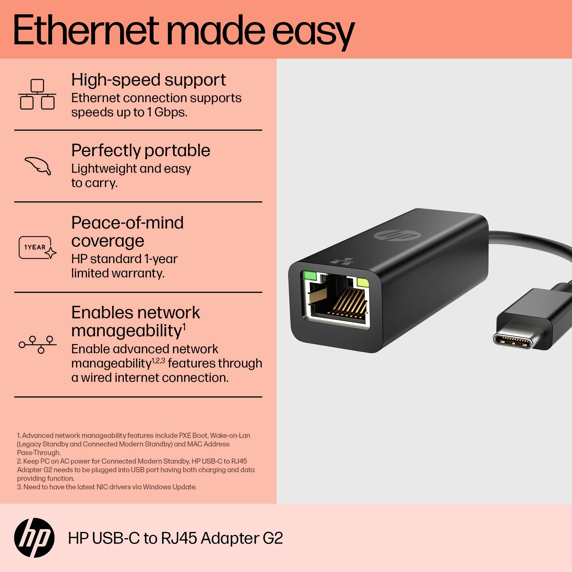 Un adaptateur HP compact USB-C vers RJ45 offrant 1 Gbps. Caractéristiques principales : vitesse élevée, portabilité, garantie d'un an, design moderne, capacités avancées de gestion réseau.