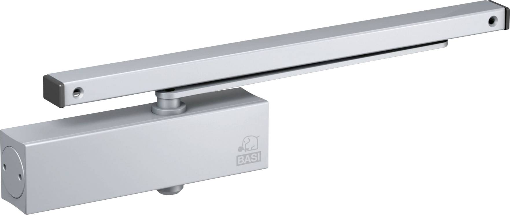 Ferme-porte en argent avec un corps rectangulaire et un bras réglable, portant le logo de la marque sur son côté. Conçu pour une fermeture de porte contrôlée.