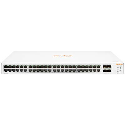 Switch réseau blanc avec plusieurs ports Ethernet, deux ports SFP+ et le logo de la marque sur le dessus.
