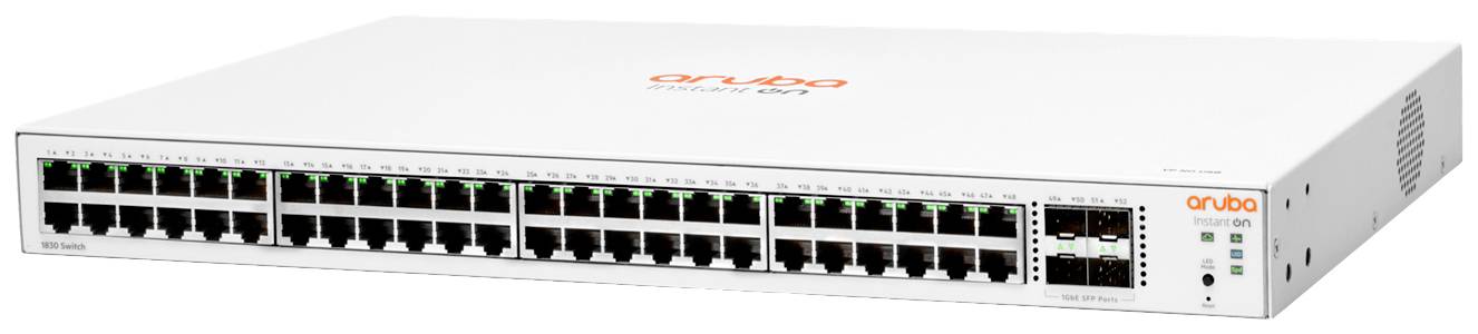 Un commutateur réseau Aruba avec 48 ports Ethernet et des voyants LED indiquant l'état de fonctionnement. Boîtier rectangulaire blanc.
