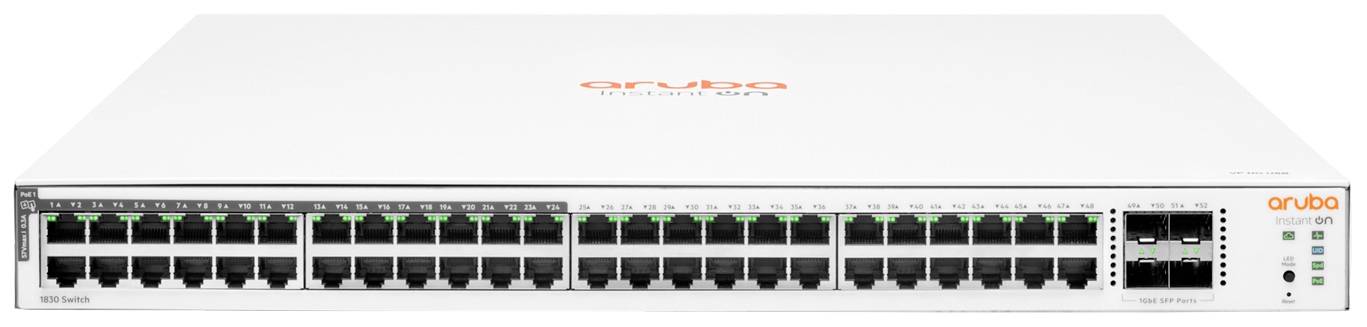 Un commutateur réseau blanc avec plusieurs ports Ethernet, numéro de modèle 'Aruba 6300', pour la gestion des réseaux.