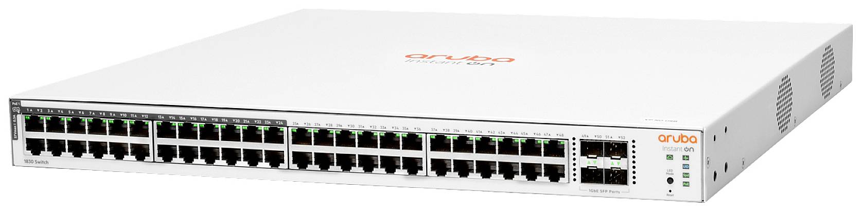 Un commutateur réseau avec 48 ports Ethernet et deux ports SFP supplémentaires. L'appareil est blanc et rectangulaire.