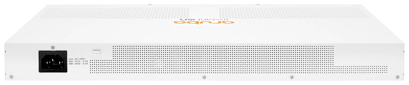 Appareil électronique blanc avec des fentes de ventilation et une prise réseau à l'arrière, portant l'inscription 'aruba'.