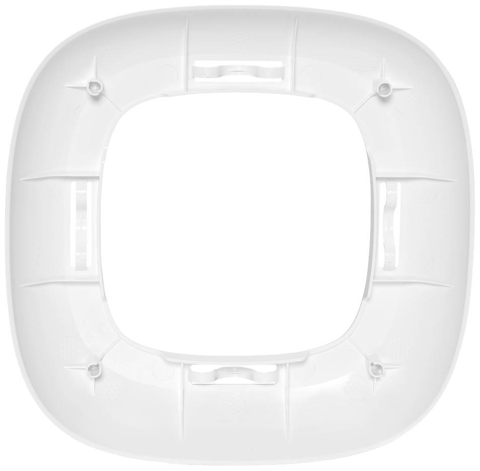 Un cadre en plastique blanc carré avec des coins arrondis et plusieurs points de fixation sur les côtés, probablement pour une installation murale.