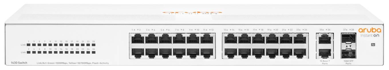 Un commutateur réseau avec 24 ports Ethernet et des possibilités de connexion supplémentaires, portant le logo d'Aruba.