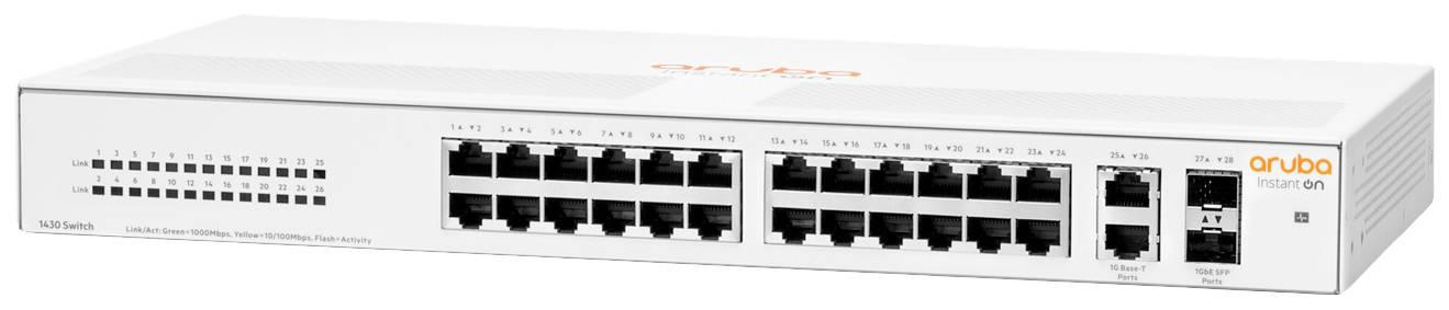 Un commutateur réseau blanc avec 24 ports Ethernet et deux ports SFP, portant l'étiquette 'aruba'. Conçu pour une connectivité avancée.