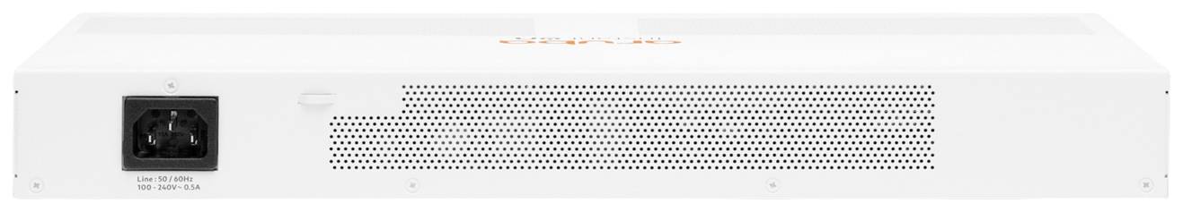 Vue de face d'un appareil blanc avec des grilles de ventilation et une prise de courant à gauche. Fonction ou marque non identifiable.