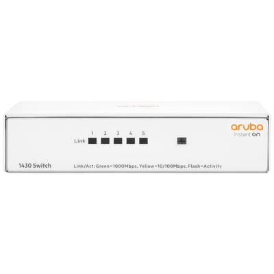 Un switch réseau blanc avec cinq ports Ethernet, des LED indiquant l'état de la connexion et la vitesse. Modèle 'Aruba Instant On 1430'.