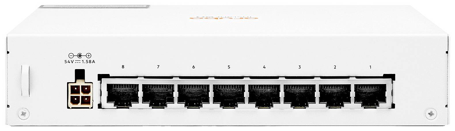 Boîte de commutation réseau blanche avec huit ports Ethernet et une connexion d'alimentation sur le côté gauche.